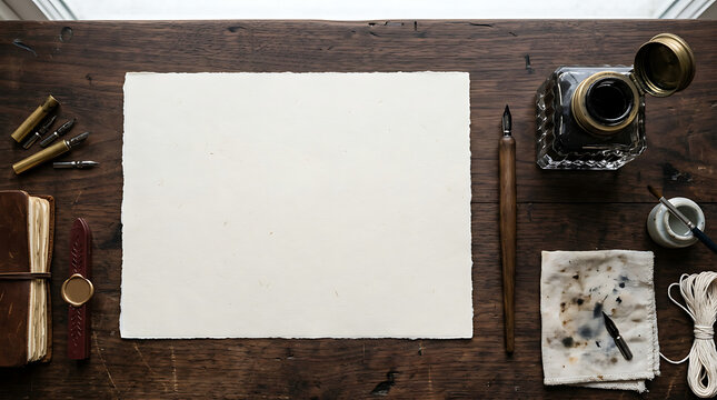 A writer's essential tools laid out on a rustic wooden table, ready for inspiration and creative work