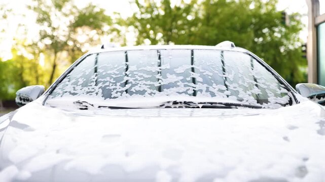 Close-up view of a car's windshield covered in white soap suds during a wash, with blurred green trees in the background