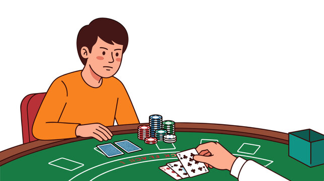 Serious young caucasian adult looking at his cards while playing blackjack poker with a dealer at a green gambling table with chips stacked. Casino entertainment and risk atmosphere