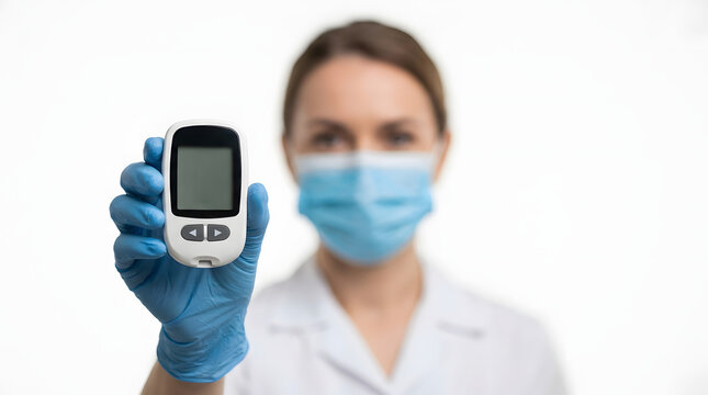 Close up of diabetic glucose meter with test strip isolated on white background held by hand in blue medical glove