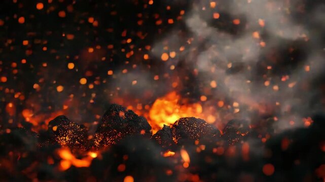 Flames rage in a volcanic eruption with smoke and ash billowing into the air.