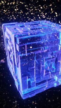 Abstract glowing blue cube floating in cosmic space with particle effects