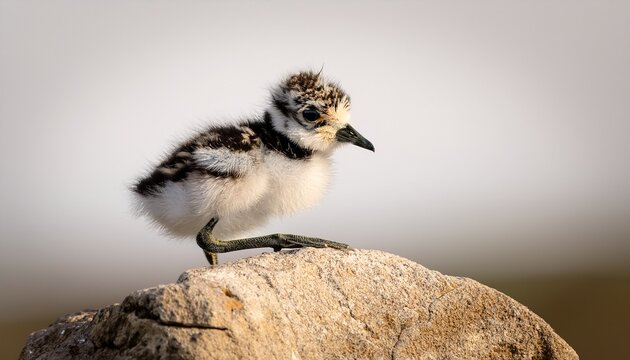 A Cute Lapwing Chick Vanellus Vanellus Sitting On A Rock Against A Light Background