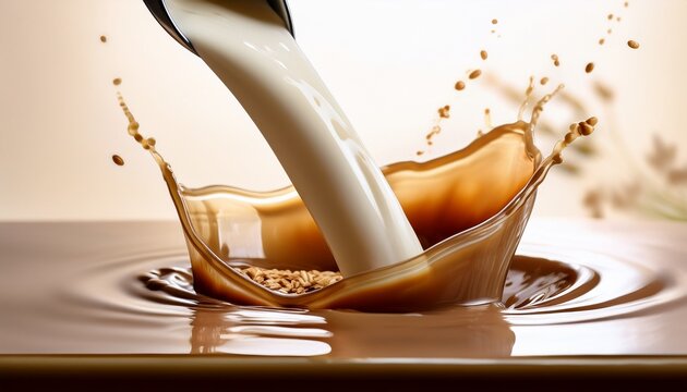 pouring oat milk coffee merging below background in soft oat milk shade serene flow high resolution