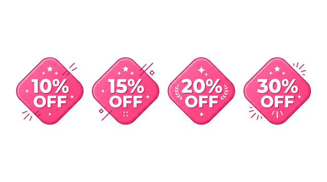 Colorful percentage discount sale tags with increasing offers on light background