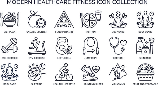 Modern Healthcare and Fitness Outline Icons Collection with Wellness Exercise and Nutrition Symbols