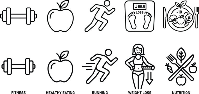 Fitness and Healthy Lifestyle Outline Icons Set with Exercise Nutrition Running and Wellness Symbols