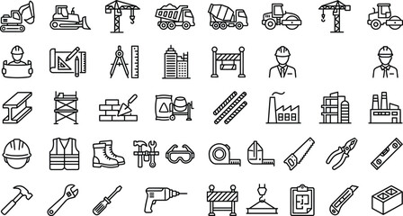 Construction and Industrial Outline Icons Collection with Machinery Tools and Engineering Equipment © Md