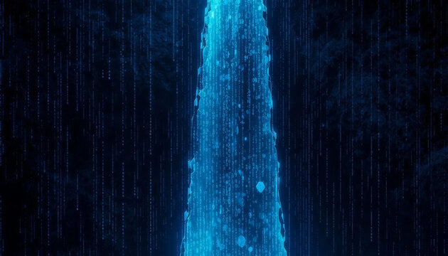 Cascading Binary Code Waterfall in Dark Digital Cliff with Glowing Blue Data Streams