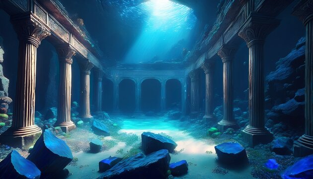 interior scenes of abandoned ruins underwater walls and pillars made of lapis lazuli crumbling scenes dim light