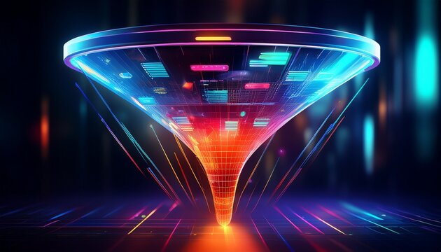 futuristic lead funnel with sharp analytics visuals vibrant colors highlighting lead nurturing success copy space for text