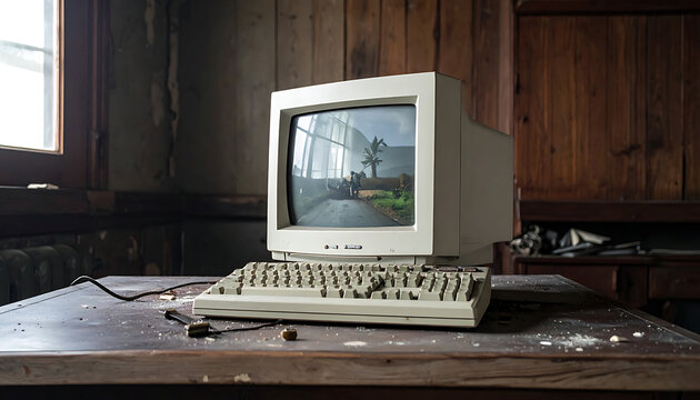 vintage computer setup on weathered wooden desk in abandoned room, retro technology nostalgia, dusty old CRT monitor with pixelated screen display