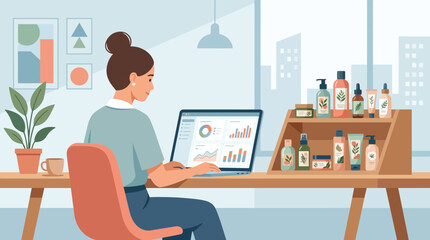 Fototapeta premium Professional Woman Analyzing Natural Skincare Product Data Online