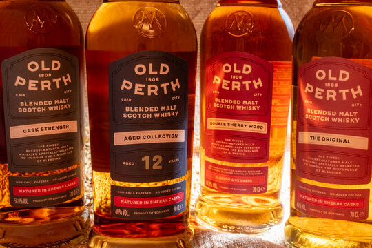Four bottles of Old Perth blended malt Scotch whisky lineup: Cask Strength, Aged 12 Years, Double Sherry Wood and The Original. Ukraine, Zhytomyr, May 22, 2026
