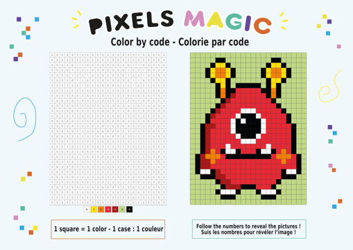 Coloriage au num&eacute;ro, pixel art : monstre rouge &agrave; un &oelig;il