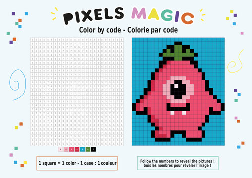 Coloriage au num&eacute;ro, pixel art : monstre rose en forme de palmier