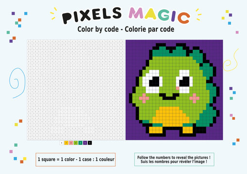 Coloriage au num&eacute;ro, pixel art : dinosaure vert souriant