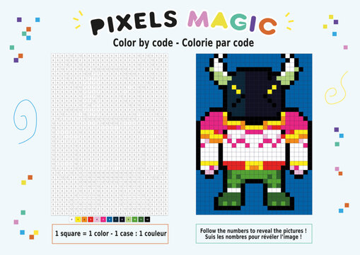 Coloriage au num&eacute;ro, pixel art : monstre cornu fa&ccedil;on samoura&iuml;