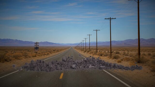 Ground explosion on asphalt desert highway
