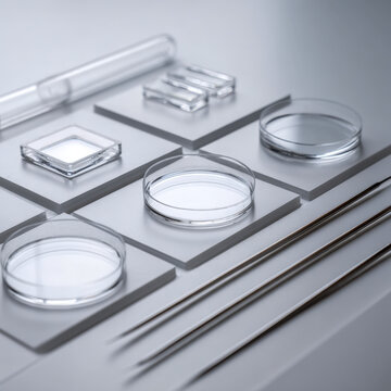 Sterile lab tray with transparent petri dishes and microfluidic components for biotechnology testing concepts