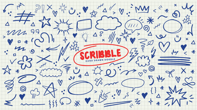 Collection of Hand Drawn Blue Doodles and Scribbles on Grid Paper Background Keywords: doodle, scribble, hand drawn