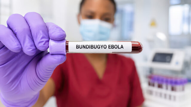 Blood sample labeled bundibugyo ebola in laboratory, masked gloved clinician holding vial, infectious testing protocol, biosafety containment quarantine protocols, diagnostic sample handling