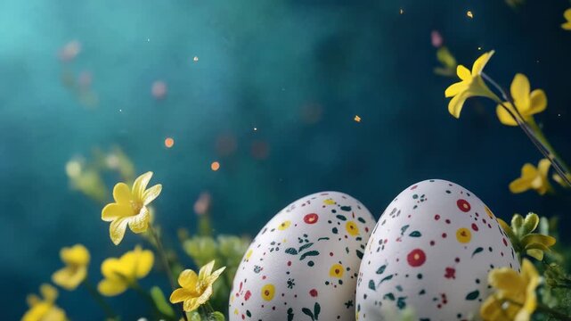 Two patterned eggs rest beside yellow flowers. Soft bokeh lights float in a deep teal background. Tiny blossoms surround the eggs gently. Natural light highlights the delicate details