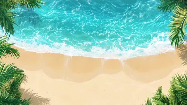 Brightly colored cartoon of a seaside landscape with palm trees
