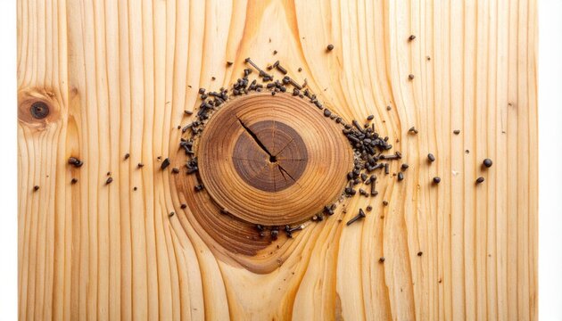 Close Up of a Wood Knot with Grains and Sawdust on a Pine Board