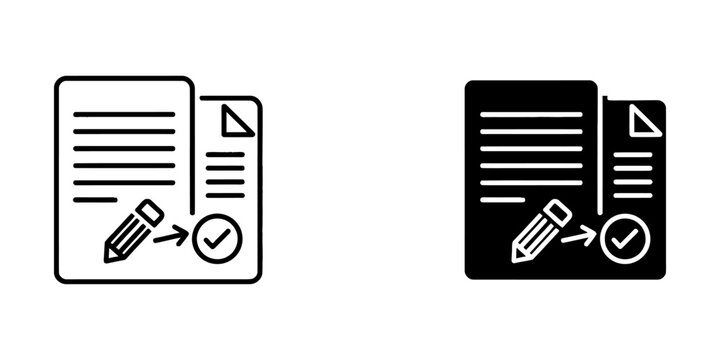 Document editing and completion icon with pencil and checkmark vector, document