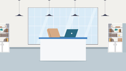 Modern office interior workspace with desk laptop and bookshelves background vector illustration © Vector studio