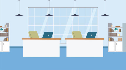 Modern office interior workspace with desks laptops and bookshelves background vector illustration © Vector studio