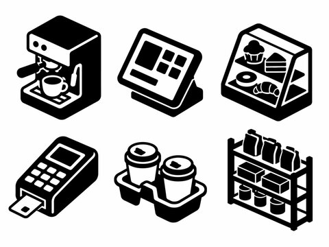 Icon set of coffee machine, pos systems, bakery display, payment terminal, coffee cups, storage shelf