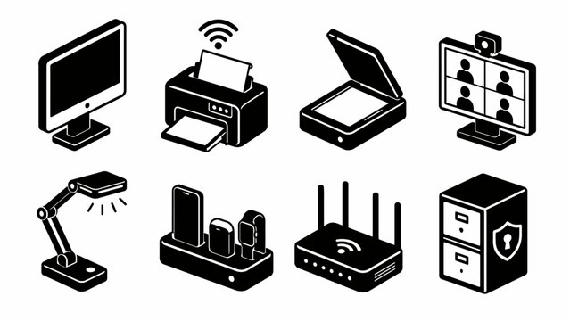Office technology icons: computer, printer, scanner, video call, lamp, dock, router, server