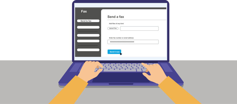 Person working on laptop sending digital online fax document from home office vectpr laptop type