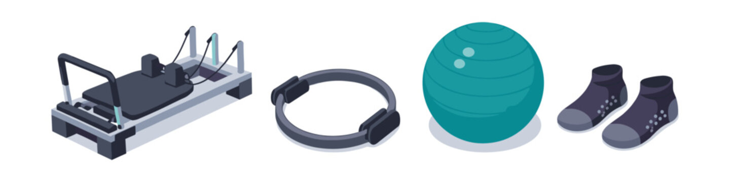 Pilates equipment including reformer, ring, ball, and socks for a full body workout
