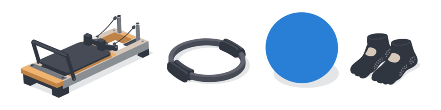 Pilates equipment including reformer, ring, ball, and socks for fitness