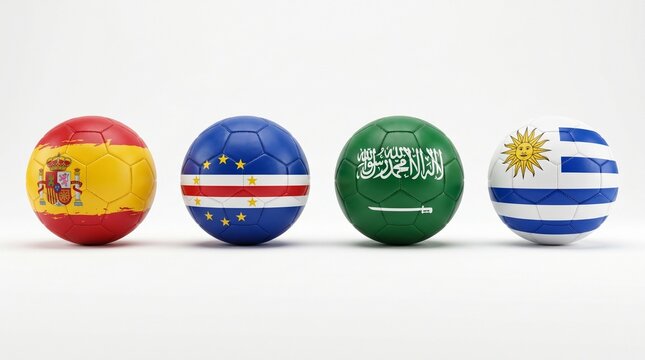 Four soccer balls displaying the flags of 2026 world cup group H participants: Spain, Cabo Verde (Cape Verde), Saudi Arabia, and Uruguay side by side on a white surface