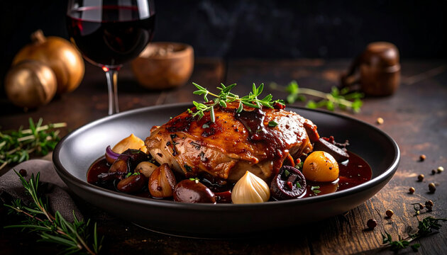 Coq au vin with braised chicken in red wine sauce, mushrooms and pearl onions