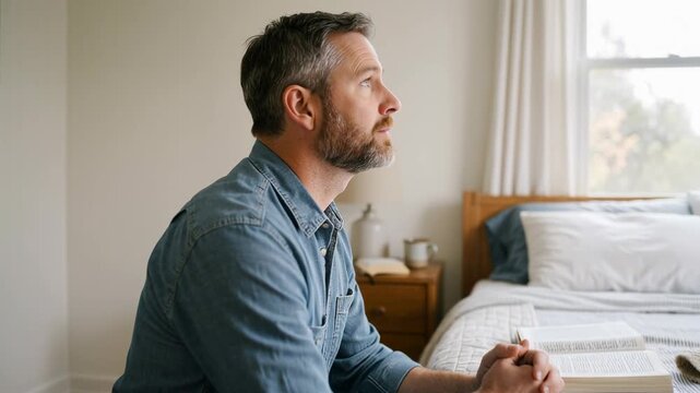 Thoughtful man praying in bedroom, reflecting on faith and spirituality in quiet moment of contemplation. Man engages in personal prayer with calm demeanor, connecting spiritually with inner self.