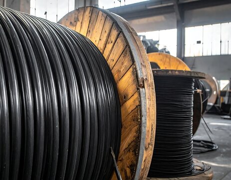 Large Black Electrical Cable Wound on Wooden Reels in Industrial Warehouse