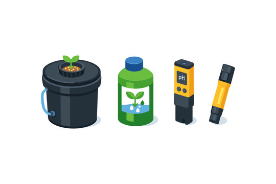 Hydroponic growing system supplies including nutrient solution and pH meters