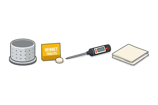 Essential tools for homemade cheese making laid out on a white background