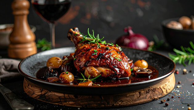 Braised chicken coq au vin in rich red wine sauce with mushrooms and pearl onions