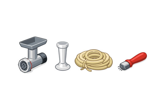 Sausage making kit with meat grinder, stuffing tube, casing, and pricker