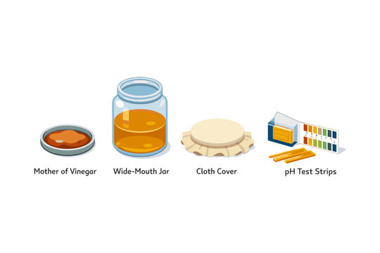 DIY vinegar production setup with mother of vinegar, jar, cloth cover, and pH strips