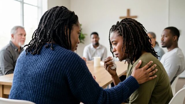 Supportive prayer circle among members addressing emotional challenges and sharing faith with connection. Caring individuals engage in heartfelt conversations,