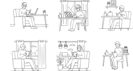 Obraz premium People studying and reading books at home interior line art doodle bundle coloring page vector.