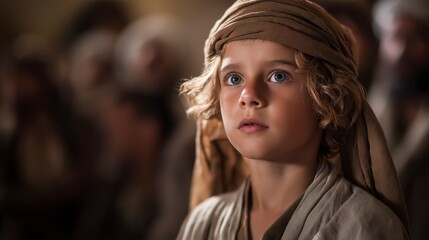 Fototapeta premium The boy Jesus speaks in the temple with wisdom beyond His years, showing that God’s truth and understanding were already clearly revealed through Him 