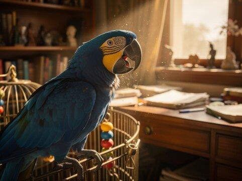 Hyacinth Macaw Perched on Cage in Sunlit Room